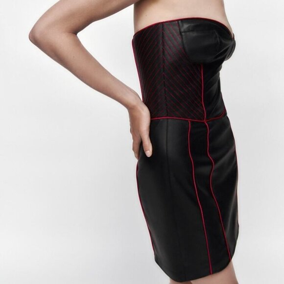 NEW Zara Women's FAUX LEATHER DRESS Black/Neon Pink - Picture 4 of 9
